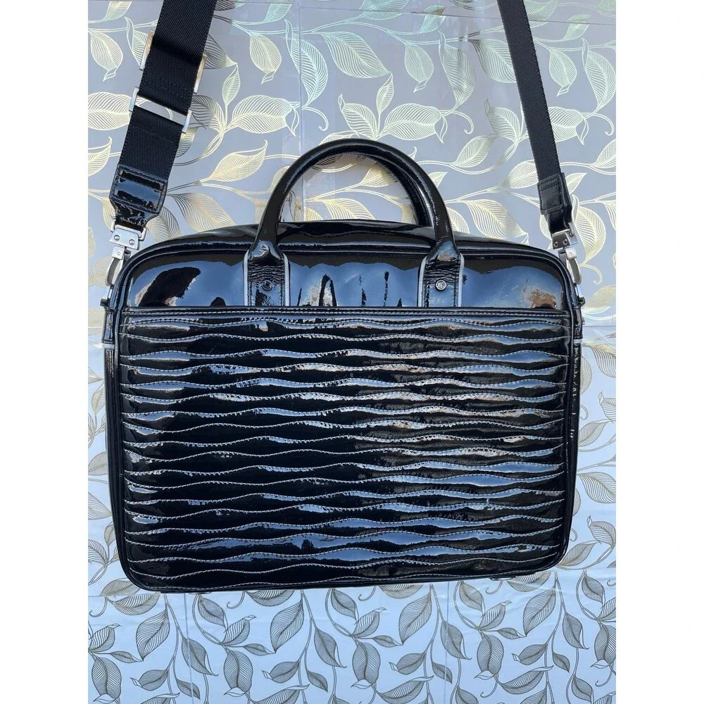 Tumi Black Patent Leather Laptop Briefcase Bag Wave Quilted Retro Whimsigoth Y2K